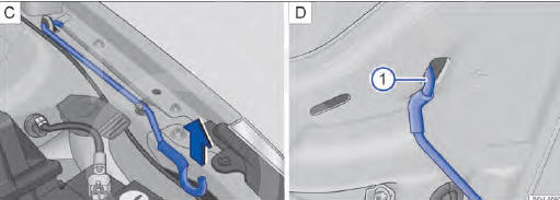 Fig. 122 C Haste de sustentação da tampa do compartimento do motor. D Tampa do compartimento do motor apoiada na haste de sustentação.