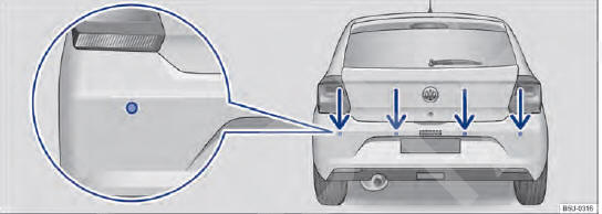Fig. 109 Sensores de ultrassom do controle de distância de estacionamento no para-choque traseiro.