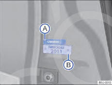 Fig. 181 Na coluna da porta dianteira direita: etiqueta com o número de identificação do veículo parcial A e etiqueta de identificação do ano de fabricação B .