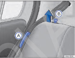 Fig. 72 Banco traseiro: posicionador do cadarço do cinto de segurança A e pino de destravamento do encosto B .