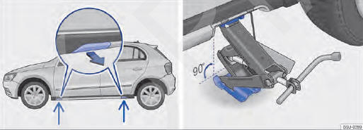 Fig. 141 Pontos de apoio do macaco e macaco posicionado no lado esquerdo traseiro do veículo - veículos com soleiras externas (Novo Gol Track).