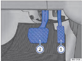 Fig. 94 Pedais em veículos com transmissão automatizada: 1 pedal do acelerador, 2 pedal do freio.