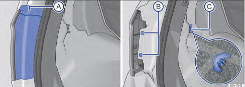 Fig. 174 No compartimento de bagagem: A desinstalar cobertura, B retirar os dois parafusos de fixação e C retirar o parafuso borboleta (lupa).