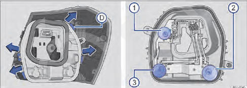 Fig. 175 Lanterna traseira: D desinstalar o suporte das lâmpadas e 1 , 2 e 3 desinstalar as lâmpadas