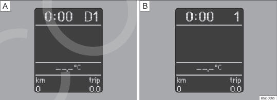 Fig. 98  A Posições da alavanca seletora no display: indicação da alavanca no modo de condução automatizada (Modo normal), com a 1ª marcha engatada. B Posições da alavanca seletora no display: modo de condução manual, com a 1ª marcha selecionada.