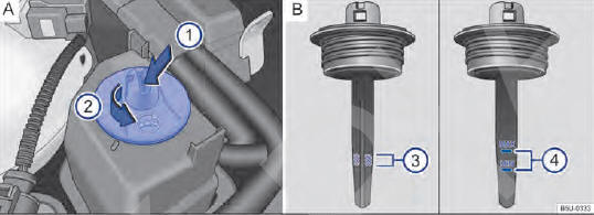 Fig. 107 No compartimento do motor (variante 1):  A Reservatório do fluido da direção hidráulica. B Marcações para controle do nível do fluido da direção hidráulica.