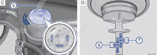 Fig. 108 No compartimento do motor (variante 2): C Reservatório do fluido da direção hidráulica. D Marcações para controle do nível do fluido da direção hidráulica.